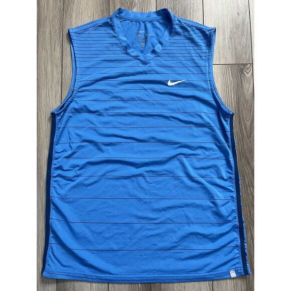 Nike Shirt Mens Medium Blue Striped Court Tennis Performance V Neck Tank - Picture 2 of 10